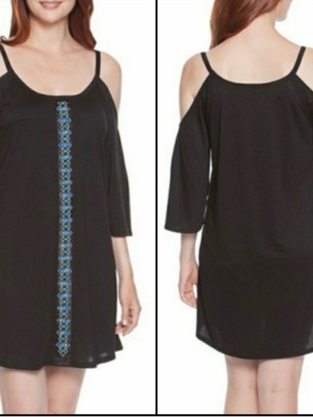 Black Cold-Shoulder Coverup  Blue  & Teal Breaded Embroidered Center